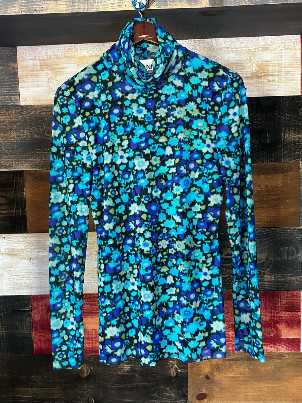 Ganni Blue Floral Turtleneck Long-Sleeve Top mesh size 40
